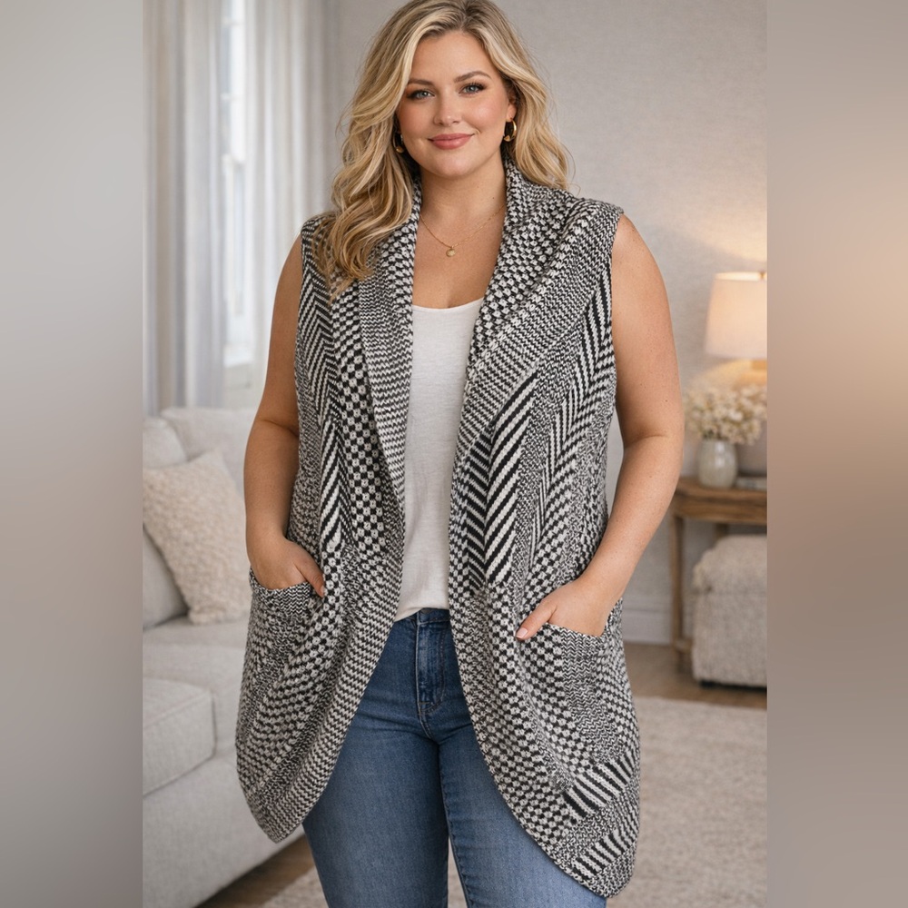 New Directions Woman Black & White Knit Sleeveless Vest | 3X